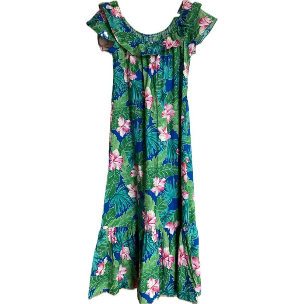 Hilo Hattie Blue & Green Tropical Floral Maxi Dress with Pink Flowers